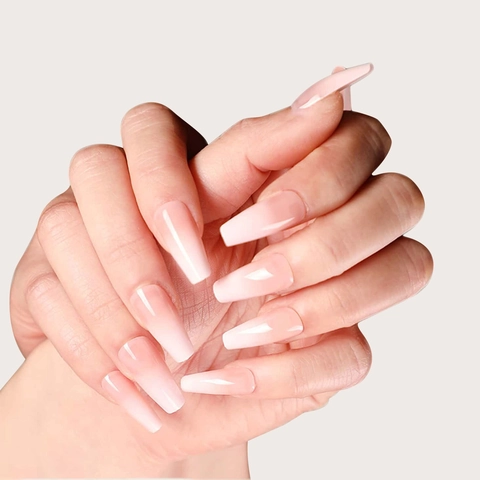 Coffin Press On Nails Gradient Nude Pink White Long Ballerina Fake Nails With Jelly Glue And File Glossy False Nails
