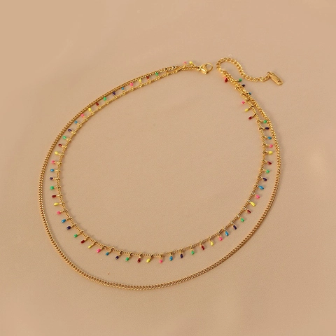 Collana a Doppio Strato in Acciaio al Titanio per Donna Ciondolo a Goccia in Smalto Colorato Catena Niche Gioielli Trendy