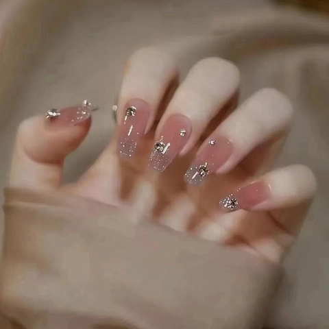 Rosa Farbverlauf Coffin Künstliche Nägel Mit Silbernem Glitzer Und Strasssteinen Süße Jelly Lange Press On Nails Ballerina