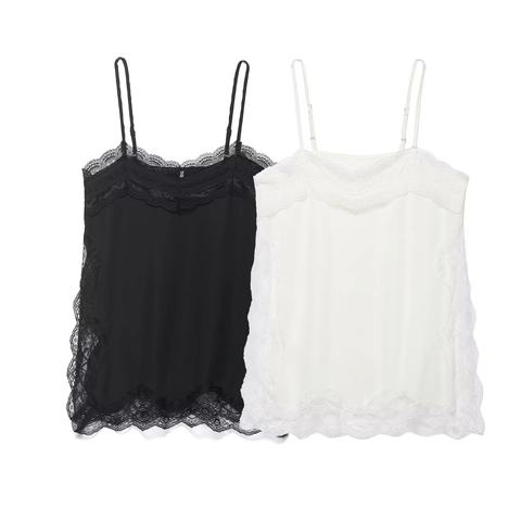 Women Sexy Lace Camisole Top Polyester Satin Patchwork Adjustable Spaghetti Straps V Neck Slim Fit Summer Clothing