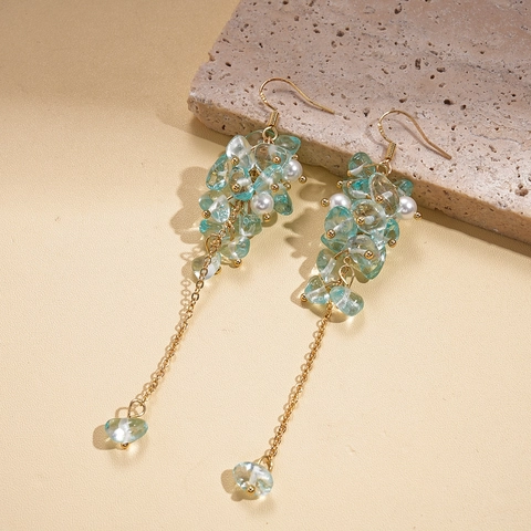 Pendientes Largos De Borla Con Aguamarina E Imitación De Perla Artificial Cobre Estilo Retro De Vacaciones Para Mujeres