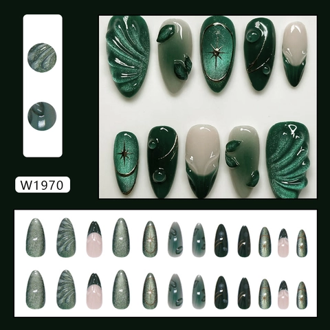 Unghie Finte Press On Plastica ABS Rilievo 3D Occhio Di Gatto Punta Francese Forma Mandorla Elegante Verde Ondulazione