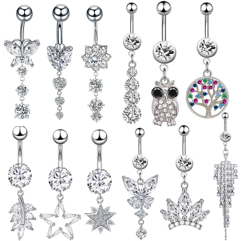 Belly Rings For Women Stainless Steel Zircon Butterfly Heart Owl Tree Of Life Dangle Navel Piercing Jewelry Fashion