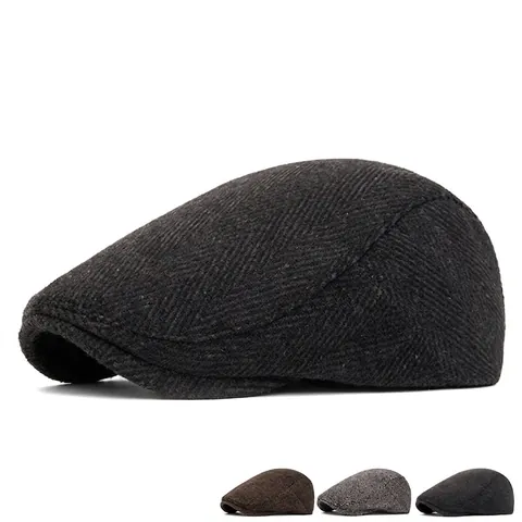 Gorra Plana Vintage Hombre Patrón Espiga Mezcla Lana Boina Newsboy Estilo Británico Ajustable Cálida