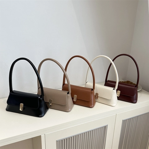 Vintage PU Leather Baguette Bag Women Underarm Shoulder Bag Fashion Small Handbag With Metal Lock Korean Style Retro