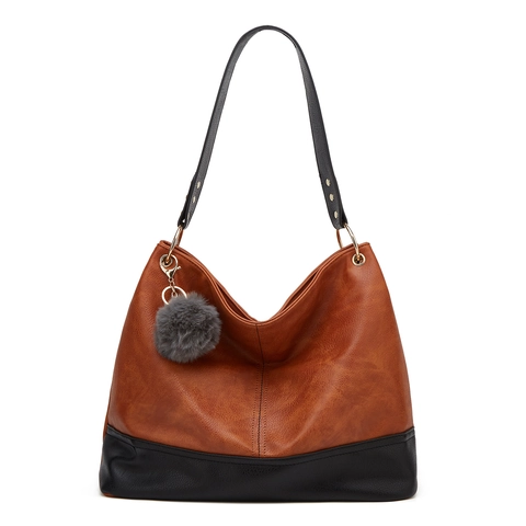 Sac À Épaule Pour Femmes En Cuir PU Grande Capacité Surpiqûres Contrastées Grain De Litchi Avec Charme De Boule En Peluche