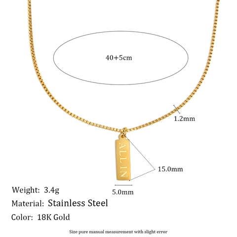 Minimalist 18K Gold Plated Stainless Steel Necklace With Engraved ALL IN Square Pendant Trendy Box Chain For Women