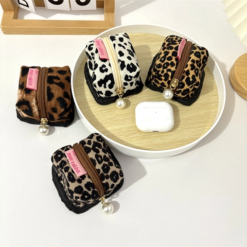 Mini Borsa Porta Auricolari Velluto A Coste Stampa Leopardata Cerniera Portamonete Con Pendente Di Perla Artificial Retro Portatile