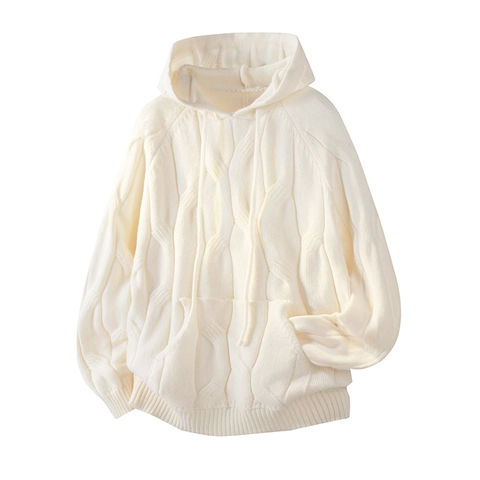 Cable Knit Hooded Sweater Polyester Oversized Hoodie With Drawstring And Kangaroo Pocket Casual Loose Top