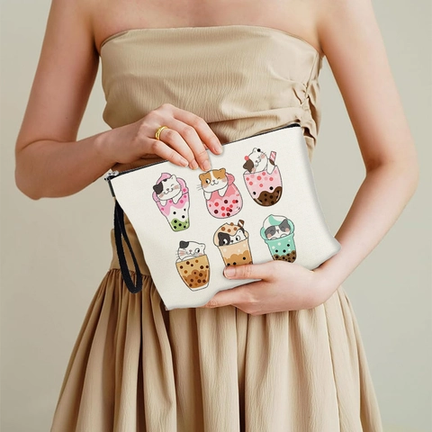 Borsa Per Cosmetici Con Stampa Gatto E Tè Al Latte Astuccio In Lino Grande Capacità Borsa Organizer Per Donne