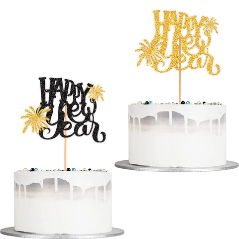 Happy New Year Cake Topper Glitter Paper Fireworks Design Gold Black Dessert Decoration For New Year Party Festive Supplies