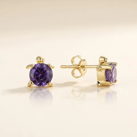 Orecchini a Bottone a Forma di Tartaruga in Rame Placcato Oro 18K Con Zirconia Viola Intarsiata Tema Animale Perno in Argento 925 Gioielli Donna