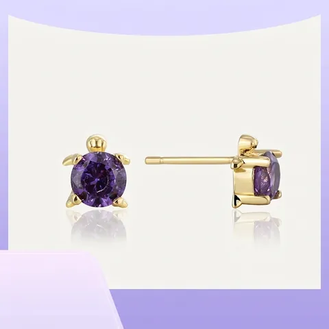 Boucles d'Oreilles Clous Tortue en Cuivre Plaqué Or 18K Avec Zirconia Violet Incrusté Thème Animal Tige en Argent 925 Bijoux Femme