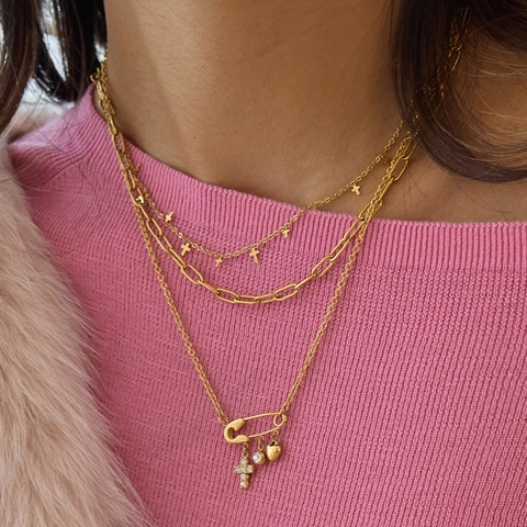 Fashion Stainless Steel Safety Pin Pendant Necklace Gold Plated Zirconia Heart Cross Key Lock Charms Jewelry For Women