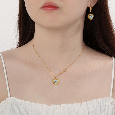 Collar Y Pendientes De Corazón Mal De Ojo Acero Inoxidable Chapado En Oro 18K Joyería De Moda Para Mujeres