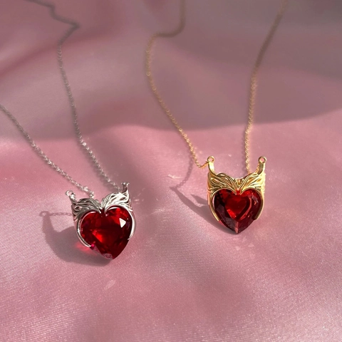 Herz Anhänger Halskette 18K Vergoldet Edelstahl Rot Zirkon Flügel Retro Schmuck Für Damen