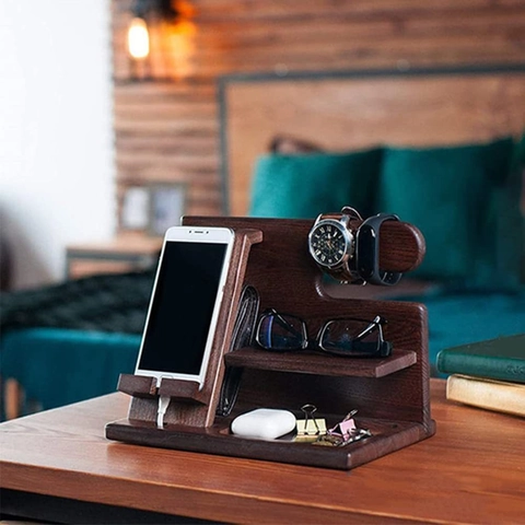Organisateur de Bureau Multifonctionnel en Bois Support de Téléphone Station de Charge pour Montre Portefeuille Clés