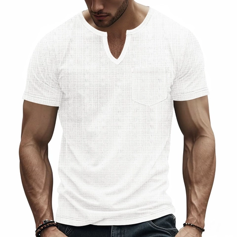 Men T-Shirt Polyester Jacquard Waffle Texture V Neck Short Sleeve Breathable Casual Henley Top With Chest Pocket