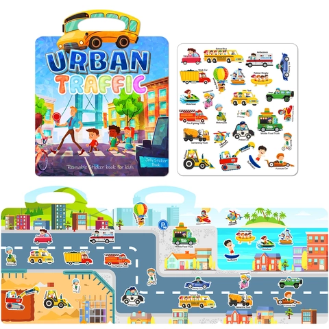 Urban Traffic Reusable Jelly Sticker Book For Kids Toddlers Waterproof Portable Handle DIY Educational Toy Boys Girls