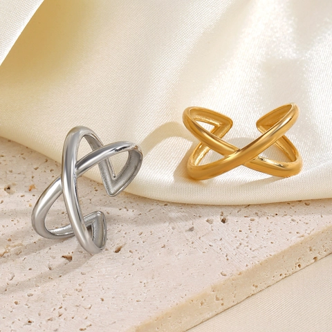 Anillo Abierto Geométrico Minimalista Cruzado En X Acero Inoxidable Chapado En Oro De 18K Ajustable Joyería De Moda Para Mujer