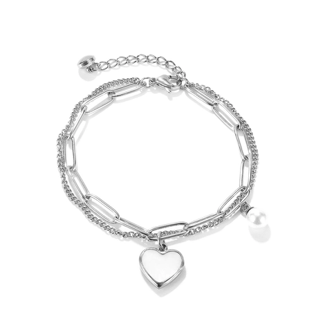 Double Layer Bracelet Stainless Steel Mother Of Artificial Pearl Heart Pendant Imitation Artificial Pearl Chic Jewelry For Women