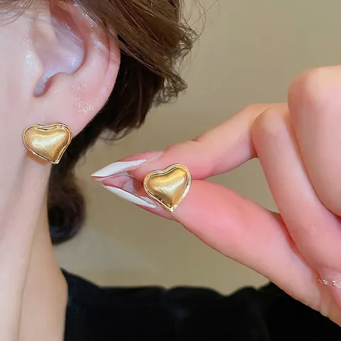 Heart Stud Earrings Brushed Gold Plated Minimalist Niche Design With 925 Sterling Silver Earring Post