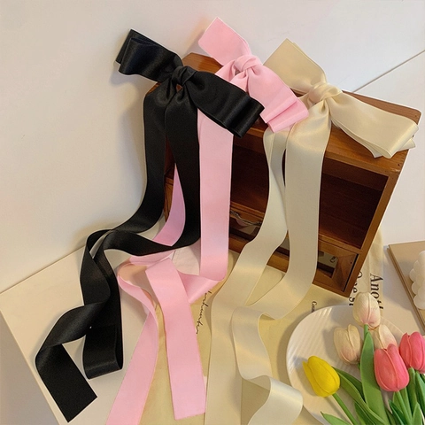 French Style Satin Ribbon Bow Hair Clip With Long Streamer Solid Color Spring Clip Hairpins Daily Wedding Party Hair Accessories For Women