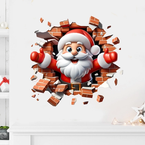 Stickers Muraux Noël 3D Père Noël Renne Effet Mur Brisé PVC Imperméable Autocollant Décoration Festive Maison