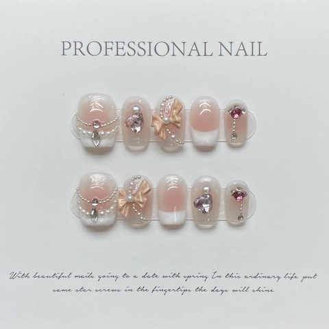 Uñas Postizas Hechas A Mano Degradado Rosa Blush French Tip Con Lazo Corazón De Diamantes De Imitación Perlas Artificiales Estilo Dulce