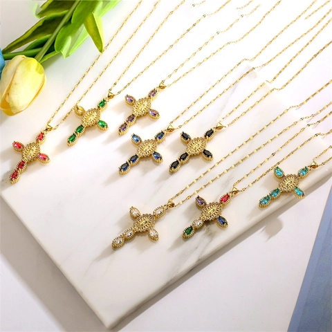 Collana Con Pendente A Croce Religiosa Rame Vergine Maria Marquise Zircone Colorato Gioielli Di Moda Per Donne