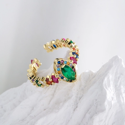 Adjustable Open Ring Copper Gold Plated Multicolor Zircon Geometric Marquise Emerald Cut Light Luxury Jewelry For Women