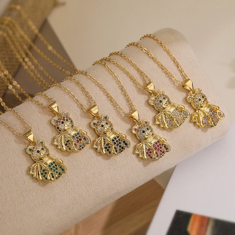 Collana Con Ciondolo A Orsetto Rame Placcato Oro 18K Zircone Colorato Strass Animale Catena Clavicola Gioielli Donna