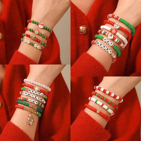 Christmas Beaded Bracelets Polymer Clay Alloy Santa Tree Letter Charms Festive Jewelry Holiday Gift