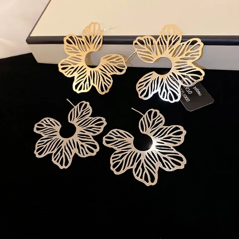Flower Earrings For Women Large Hollow Petal Design Gold Plated Brass With 925 Sterling Silver Earring Post Luxury Style