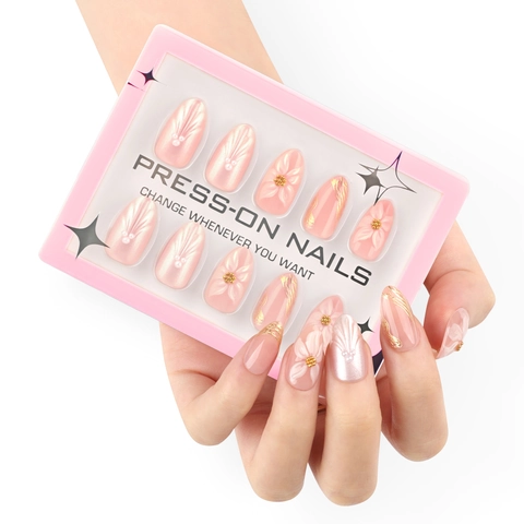 3D Blumen Relief Press On Nägel Perlrosa Mandelform Künstliche Maniküre Für Frauen Eleganter Süßer Stil