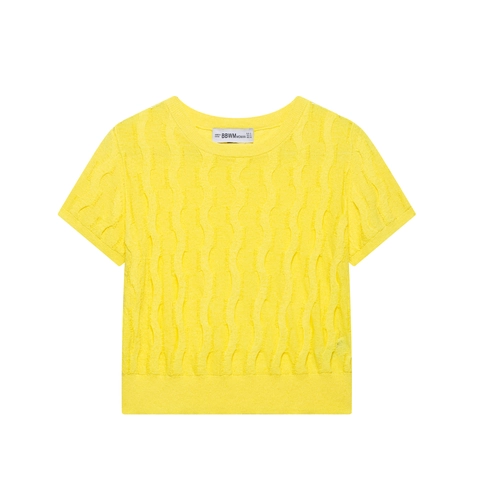 Pull en Tricot Décontracté à Manches Courtes pour Femmes Col Rond Jaune Couleur Unie Torsades Pullover Mode Haut Doux