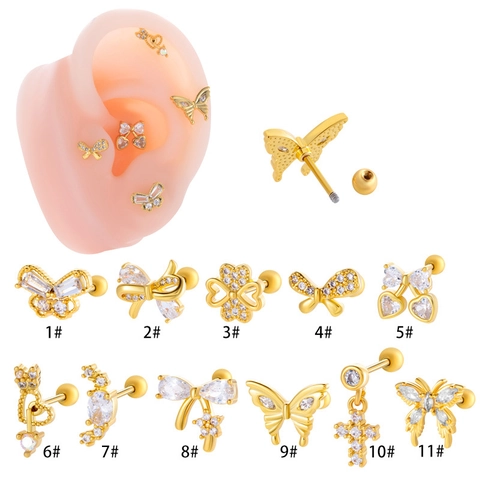 Stainless Steel Cartilage Piercing Stud Earrings Copper Inlaid Zirconia Butterfly Heart Bow Knot Earrings Jewelry For Women