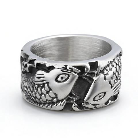 Bague Relief Poisson Koi Vintage Acier Inoxydable 316L 3D Sculpté Large Bande Style Rétro Bijoux Pour Hommes Femmes Argent
