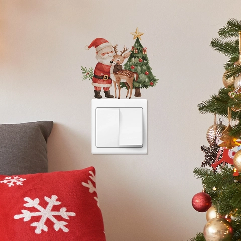 Kerst Muurstickers Kerstman Rendier Kerstboom Aquarel PVC Verwijderbaar Voor Schakelaar Stopcontact Woonkamer Decor