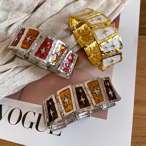 Pulsera Ancha De Aleación Retro Con Motivo De Estrella De Esmalte Brazalete Elástico Para Mujer Estilo Francés Vintage