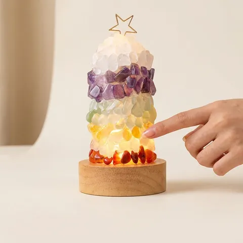 Natural Crystal Gravel Night Light USB LED Bedside Lamp With Wood Base Amethyst Agate Desktop Aesthetic Decor