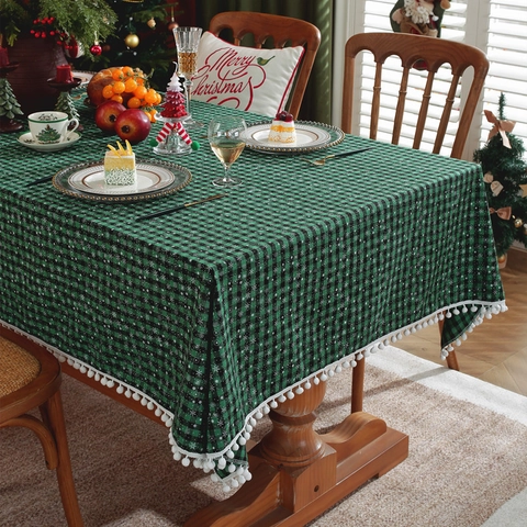 Mantel De Navidad Algodón Poliéster Cuadros Patrón Copo De Nieve Con Flecos Pompones Blancos Decoración De Comedor