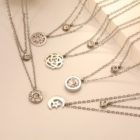 Collier Pendentif Multicouche Acier Inoxydable Zircone Cubique Minimaliste Coeur Croix Arbre De Vie Bijoux Pour Femme