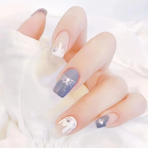 Press On Nails Short Square Round Shape Cute Cartoon Cat Theme Fresh Style False Nails With Artificial Pearl And Glue