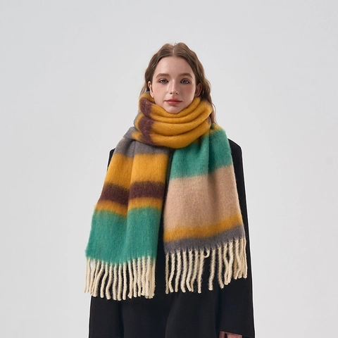 Écharpe d'Hiver à Rayures pour Femmes Style Coréen Acrylique Doux Teint en Fil Châle Pashmina Chaud Épais Franges Accessoire Quotidien