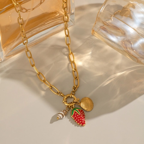 Vintage Aardbei Schelp Hanger Ketting Roestvrij Staal 18K Verguld Waterdicht Antiallergisch Sieraden Voor Vrouwen