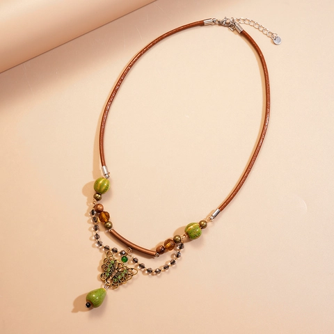 Collier Papillon Goutte Vintage Cuivre Céramique Corde Cuir Strass Bohème Chaîne Clavicule Pour Femmes Bijoux