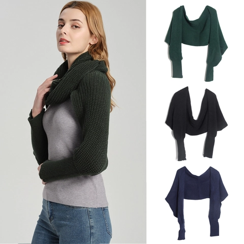 Knitted Scarf With Sleeves Acrylic Warm Winter Shawl Shrug Bolero Solid Color Soft For Women