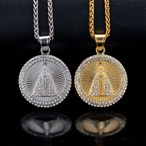 Collana Con Ciondolo Vergine Maria Acciaio Inossidabile 316 Strass Medaglione Rotondo Gioielli Religiosi Hip Hop Uomo Donna