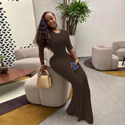 Solid Color Long Sleeve Round Neck Bodycon Maxi Dress Elastic High Waist Sexy Fishtail Hem Floor Length Streetwear Elegant